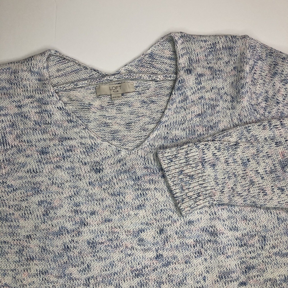 LOFT Sweater Women's Plus Size Plus 16/18 Off White Blue Marled V Neck Pullover